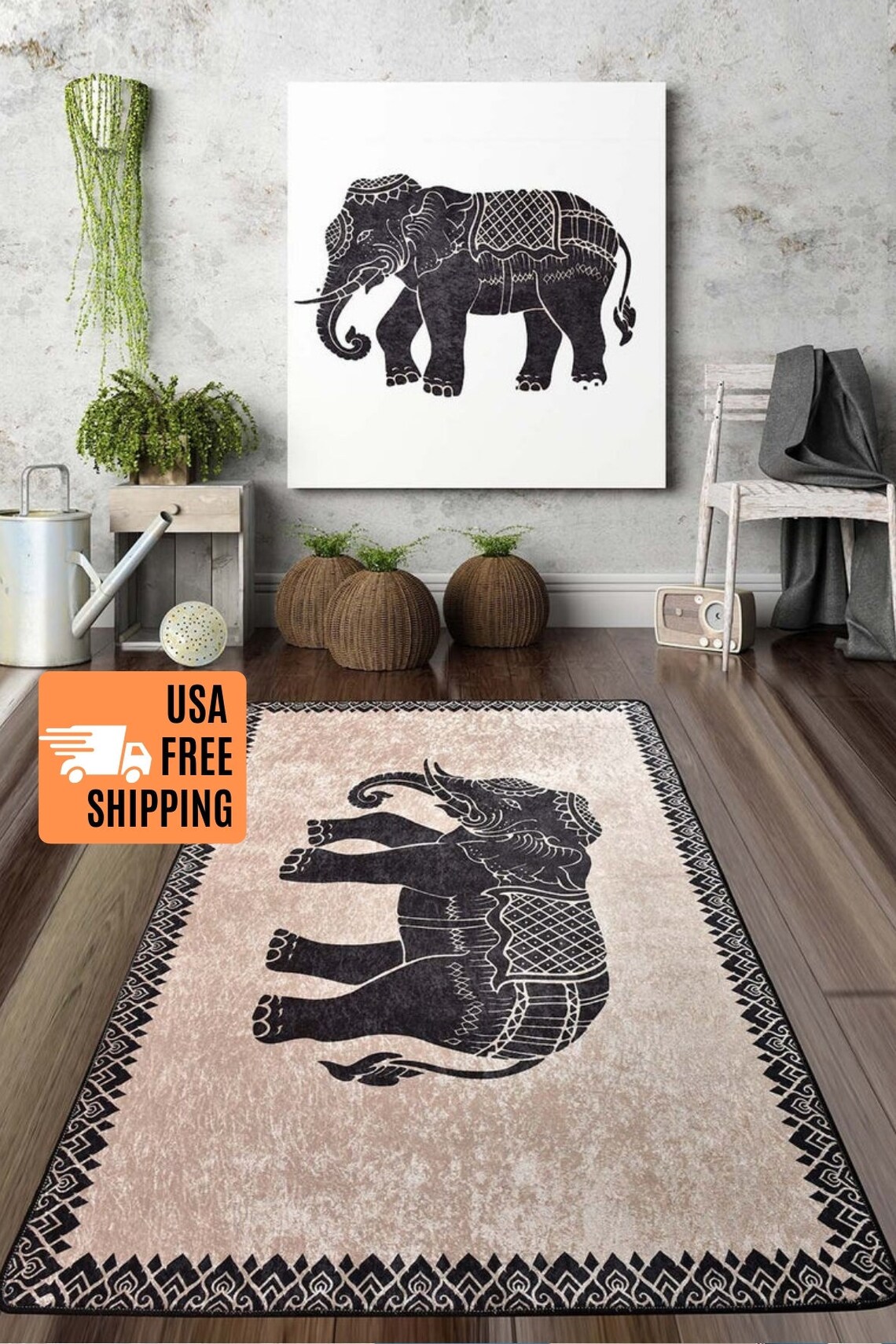 ELEPHANT AREA RUG / digital print rug elephant design rug Etsy