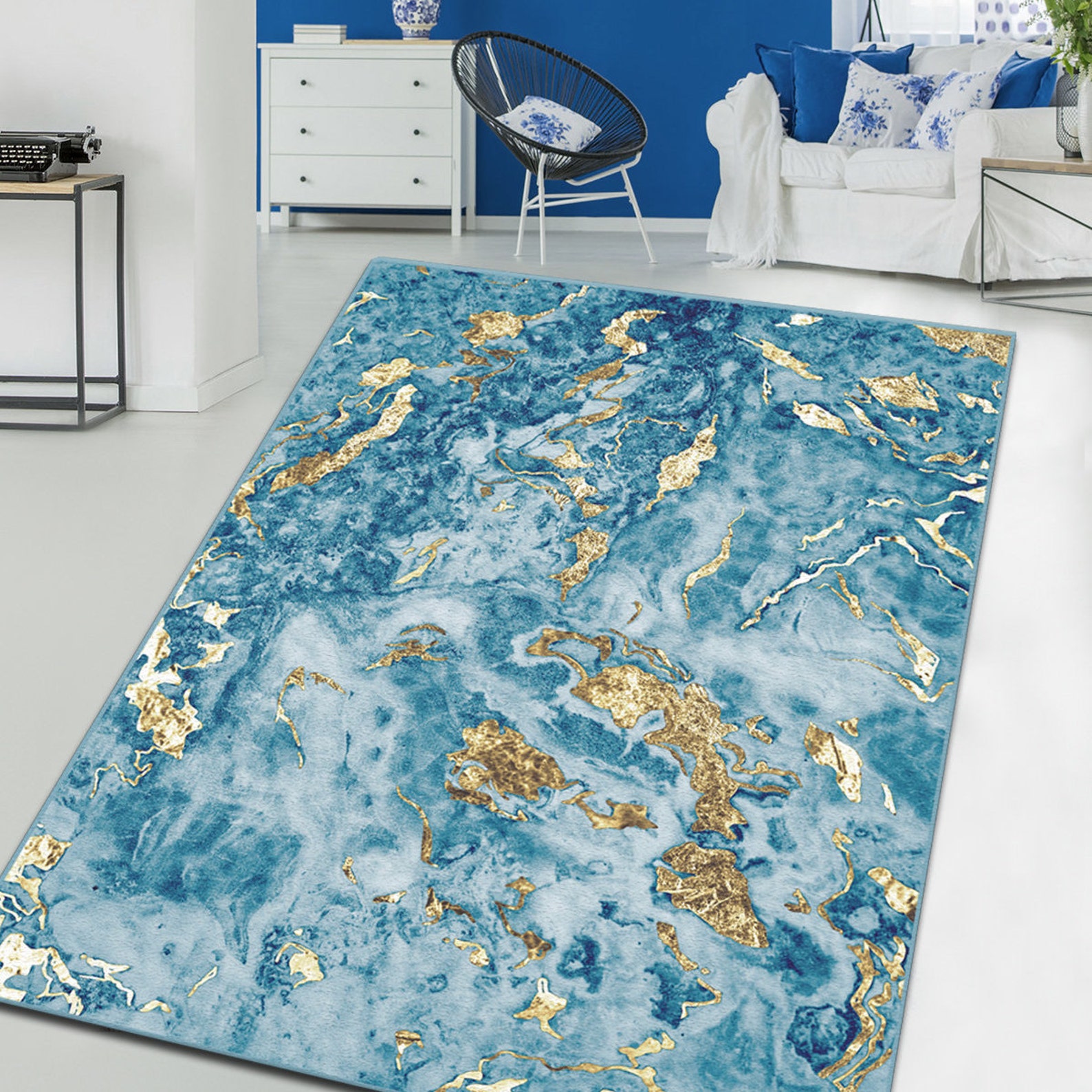 BLUE & GOLD MARBLE Area Rug Blue and Gold Marble Patterned Etsy