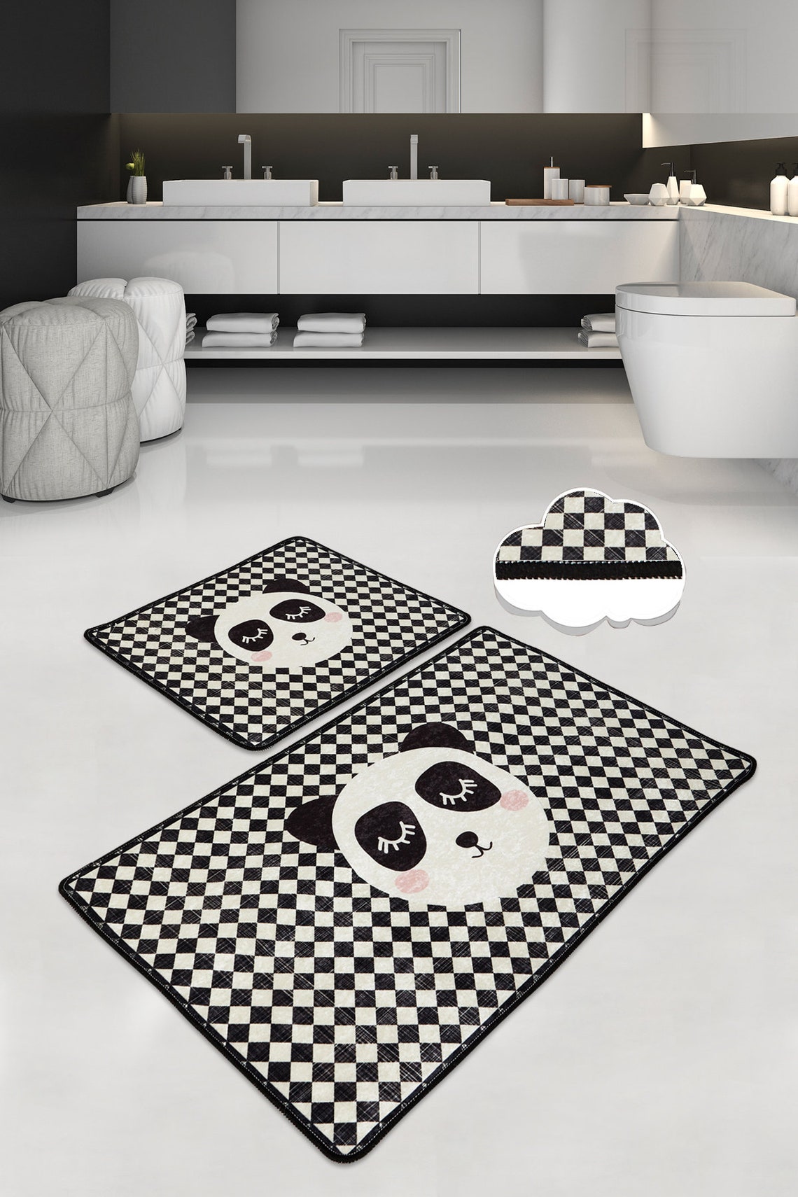PANDA CHECKERBOARD RUG Bathroom Rug Set of 2 Black and White | Etsy