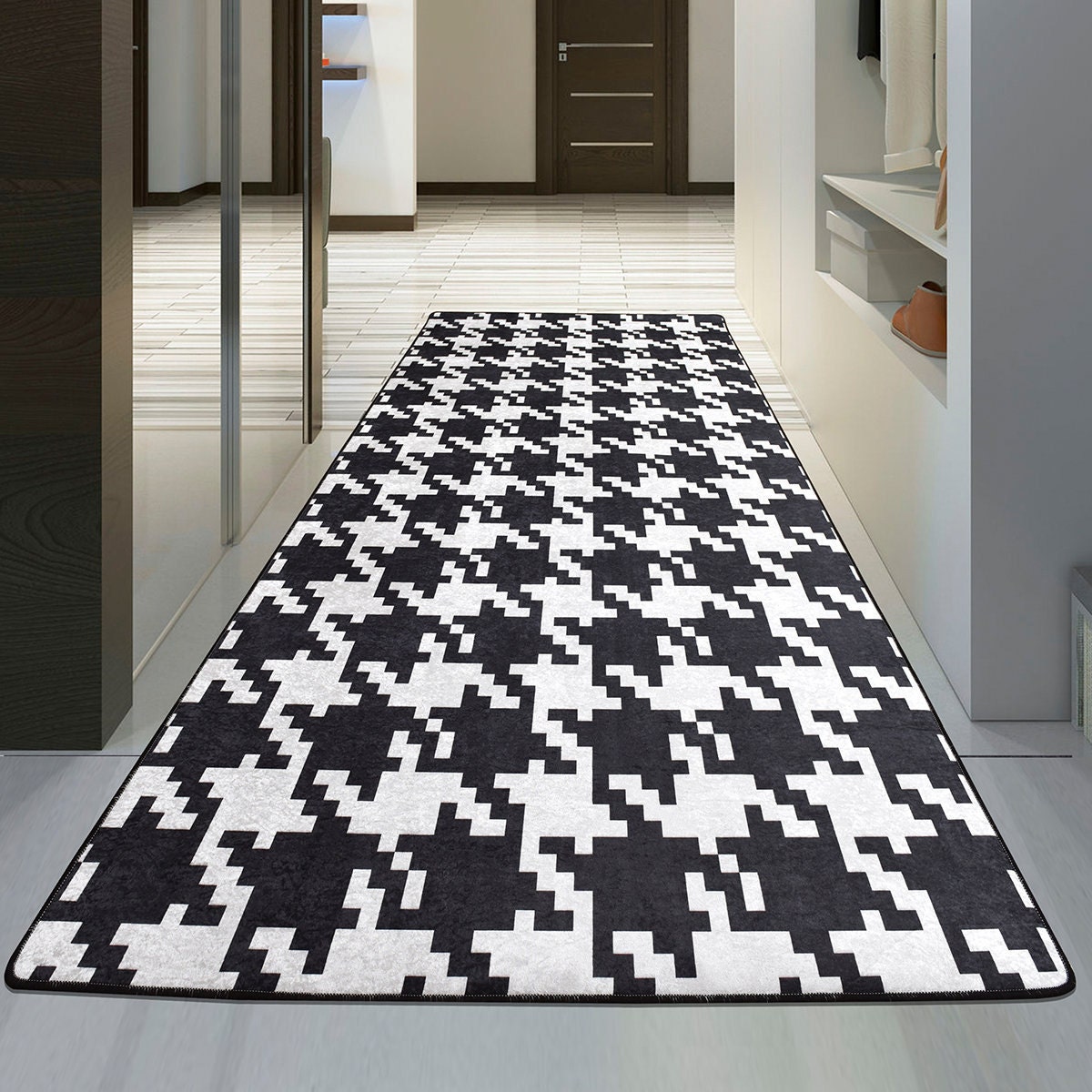 HOUNDSTOOTH PRINT RUG / Patterned Digital Rug Black and White Etsy