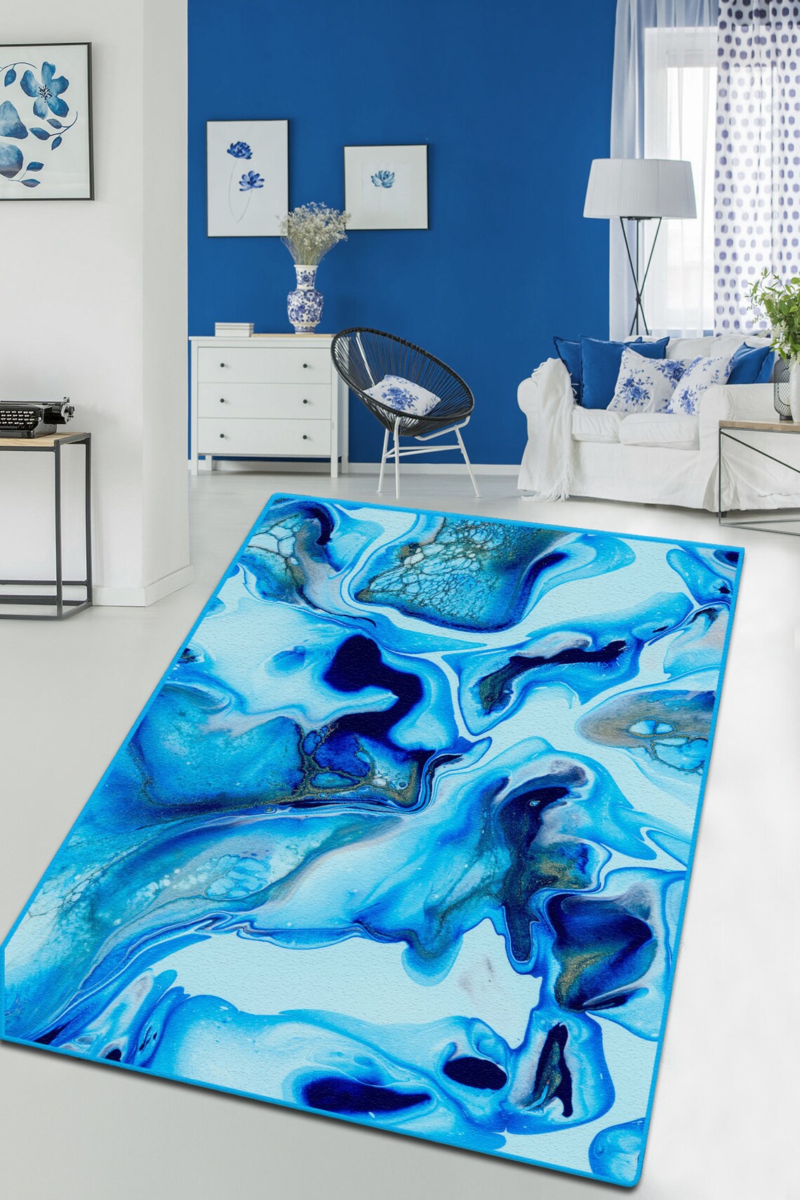 BLUE MARBLE RUG Modern Marble Patterned Area Rug for Multiple Etsy