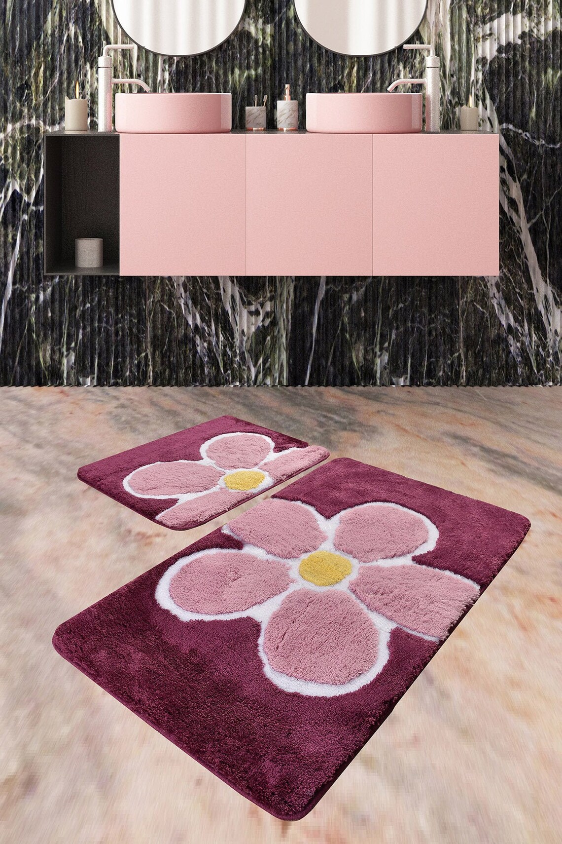 FLUFFY FLOWER BATHROOM Rug Set of 2 Ships within 24 hr Pink Etsy