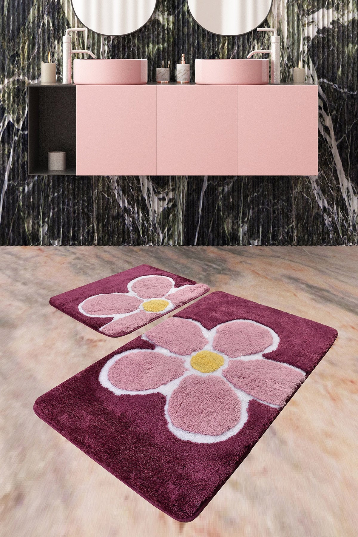 FLUFFY FLOWER BATHROOM Rug Set of 2 Ships within 24 hr Pink Etsy