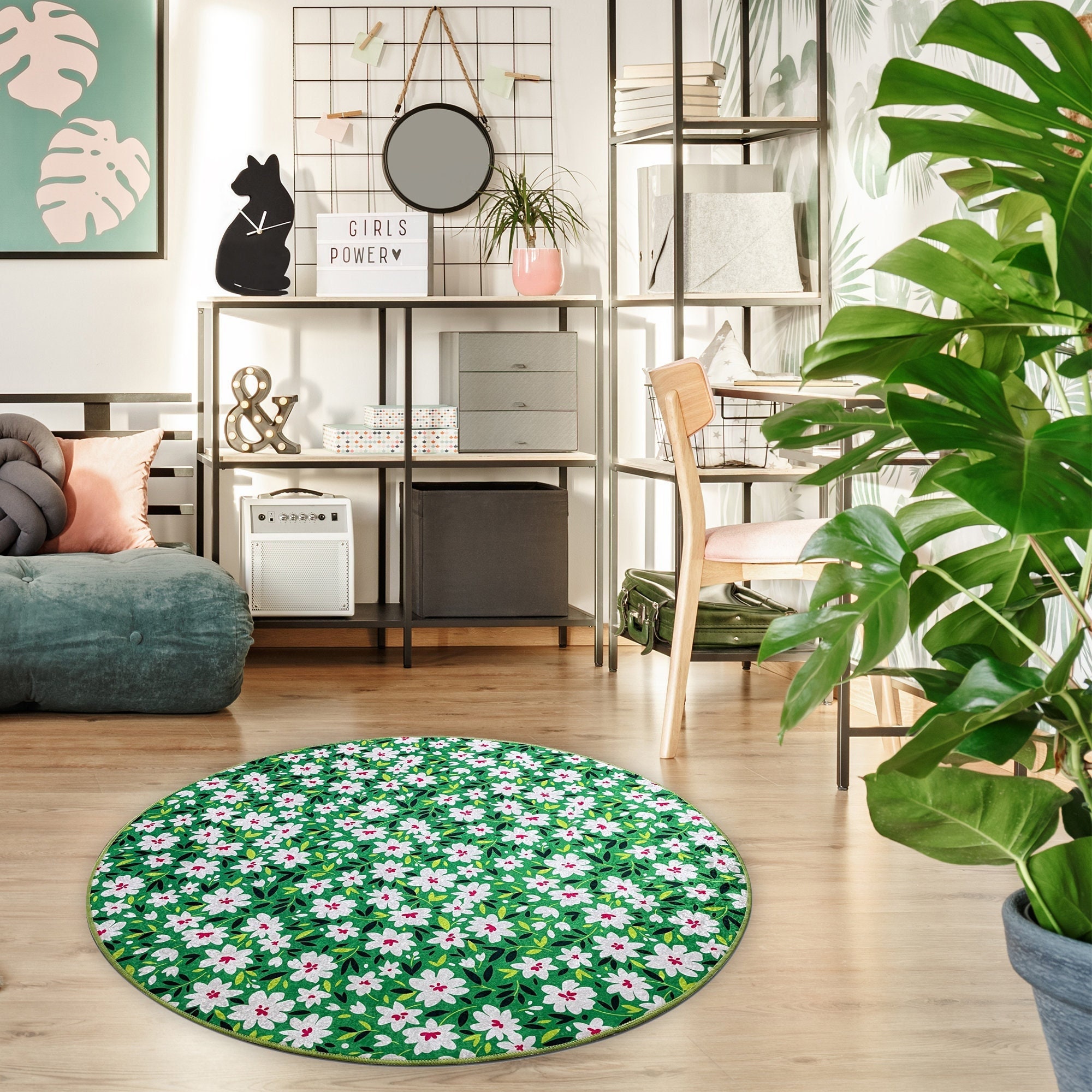 FLOWER GARDEN RUG Circle Flower Rug Flower Bedroom Rug Green Etsy