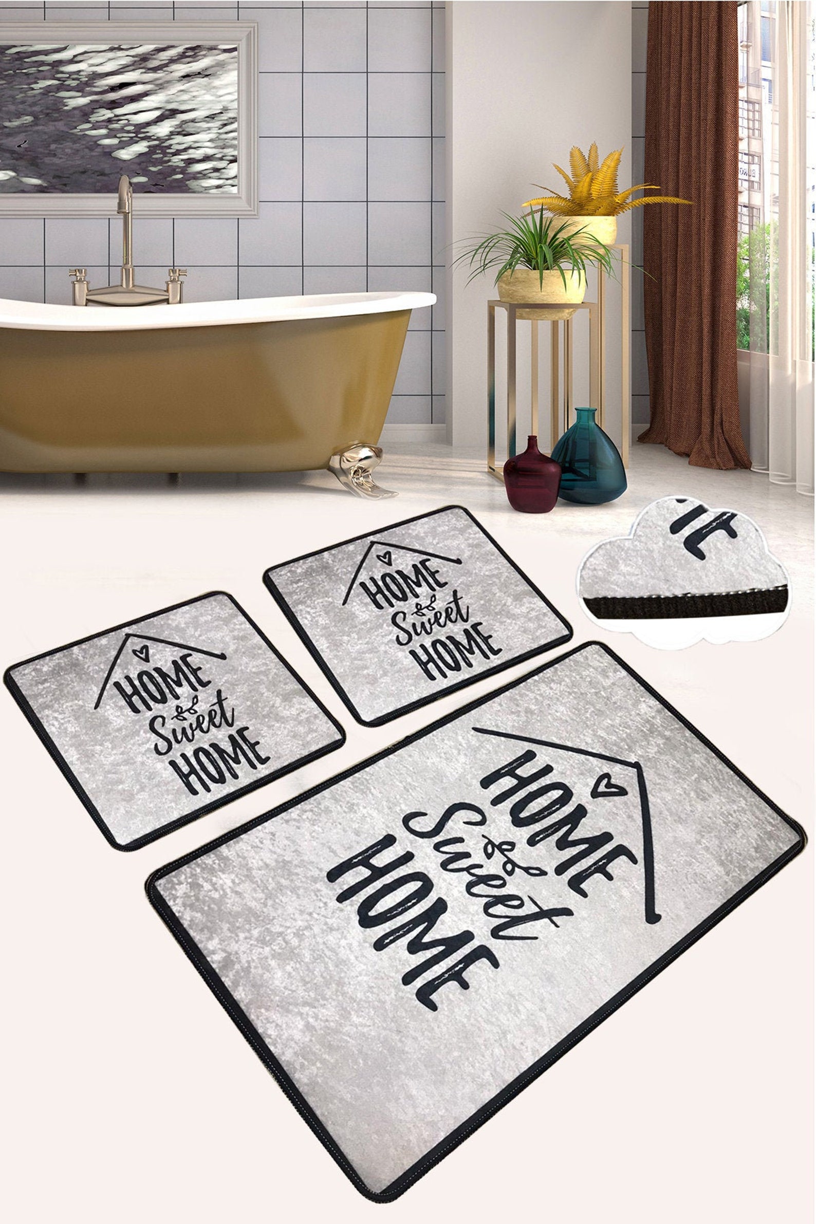 BATHROOM RUG SET of 3 Black and White Nonslip Bathroom Rug Etsy