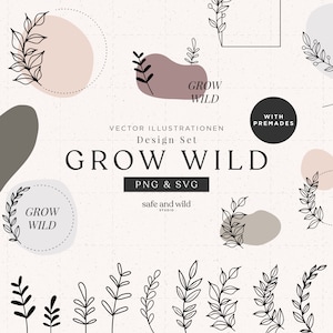 Könnte beinhalten: Ein Satz Schwarzweißillustrationen von Blättern und Zweigen mit dem Text "Grow Wild" in fetter Schrift. Die Illustrationen befinden sich auf einem weißen Hintergrund mit abstrakten Formen in Beige, Braun und Rosa.