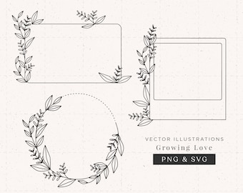 Set of Kanz, welcome sign and polaroid picture illustrations with flowers and tendrils for wedding DIY as vector [PNG, SVG file]
