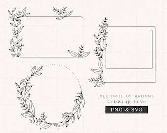 May include: Three black and white floral frames, one square, one rectangular, and one circular. The frames are made of simple line drawings of leaves and branches. The text "Growing Love" is below the frames, with the text "PNG & SVG" below that.
