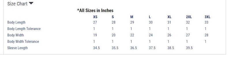 May include: Size chart for a garment, showing measurements in inches for body length, body length tolerance, body width, body width tolerance, and sleeve length. Sizes range from XS to 3XL.
