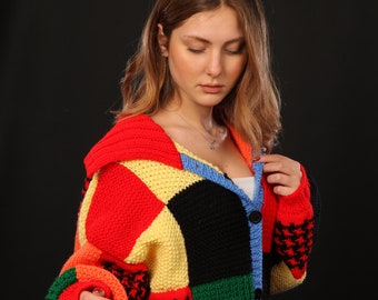 Handmade Knitted Boho Cardigan, Multicolor Embroidery Sweater, Multi Patchwork Crochet Oversized LGBTI Cardigan, Birthday HS Cardigan Gift