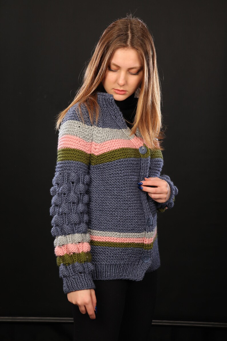 Cardigan Sweater Chunky Knit Hand-knitted Embroidery Multi - Etsy