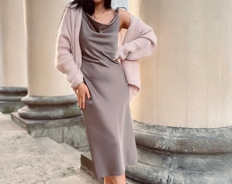 Vestido satinado con correas atables / vestido elegante midi slip / vestido satinado delgado para mujer / vestido satinado coctail / regalo para ella