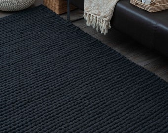 The Indoor Store - Hand-Knitted Chunky Wool Area Rug, Charcoal Black, Runner