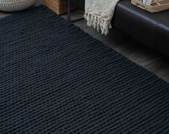 The Indoor Store - Alfombra de lana gruesa tejida a mano, color negro carbón, estilo corredor