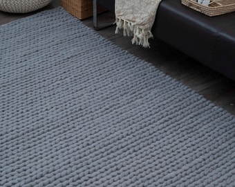 The Indoor Store - Alfombra de lana gruesa tejida a mano, color gris, alfombra de punto trenzado