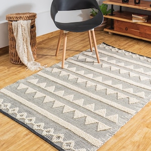 The Indoor Store - Hand Woven Wool Area Rug, Black & Off-White, Geometric Dhurrie