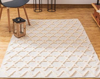 The Indoor Store - Hand Woven Wool Area Rug, Grey & Off-White, Geometric Dhurrie