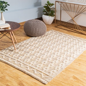 The Indoor Store - Hand Woven Wool Area Rug, Mustard & Off-White, Geometric Dhurrie