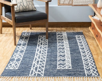 The Indoor Store - Hand Woven Cotton Wool Area Rug, Blue & Off-White