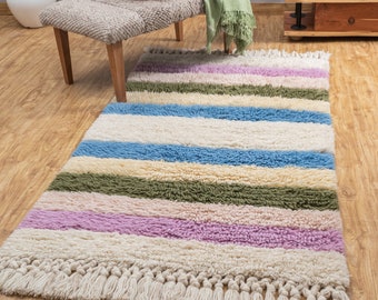 The Indoor Store - Hand Woven Wool Shaggy Area Rug, Colourful Flokati Stripes