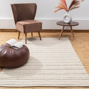 The Indoor Store - Hand Woven Wool Area Rug, Ivory/Off-White, Cable Knit Dhurrie