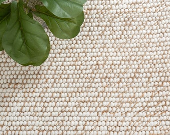 The Indoor Store - Hand Woven Jute Chunky Wool Rug, Ivory/Off-White & Natural, Loops/Pebble