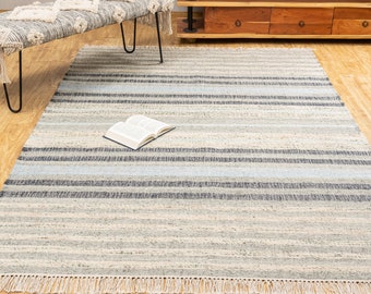 Natural Elements - Hand Woven Wool Jute Area Rug, Textured Grey & Beige, Stripes Kilim Dhurrie