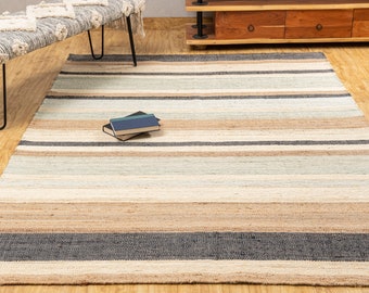 The Indoor Store - Hand Woven Jute Area Rug, Modern Stripes, Natural & Black