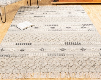 The Indoor Store - Hand Woven Jute & Wool Area Rug, Textured Grey, Trellis Geometric Dhurrie