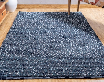 The Indoor Store - Hand-Woven Chunky Wool Area Rug, Textured Blue, Loops Runner