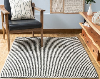 The Indoor Store - Hand Woven Wool Area Rug, Black & Off-White, Looped Dhurrie