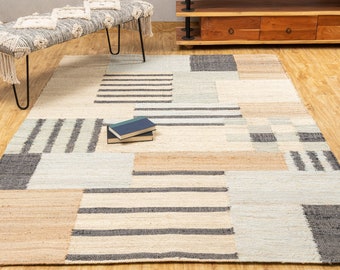 The Indoor Store - Hand Woven Jute Area Rug, Modern Geometric Panja Dhurrie, Multi-Natural