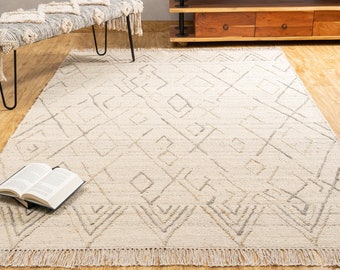 Sandscape - Hand Woven Wool Jute Area Rug, Beige & Grey, Abstract Kilim Dhurrie