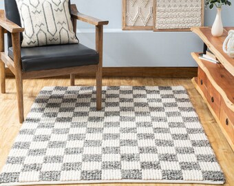 The Indoor Store - Hand Woven Chunky Wool Area Rug, Grey & Off White, Geometric Loops