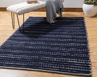 The Indoor Store - Hand Woven Wool Area Rug, Navy Blue, Cable Knit Dhurrie