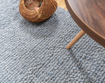 The Indoor Store - Hand Woven Chunky Wool Area Rug, Textured Blue, Loops Runner