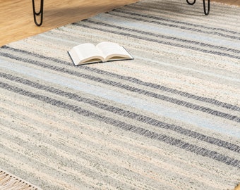 Natürliche Elemente - Handgewebter Woll-Jute-Teppich, strukturiertes Grau und Beige, Streifen Kelim Dhurrie