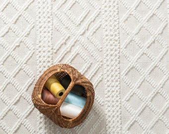 The Indoor Store - Hand Woven Wool Area Rug, Ivory/Off White, Geometric Dhurrie