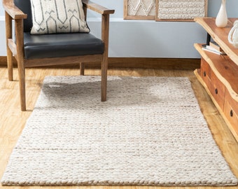 The Indoor Store - Hand Knitted Chunky Wool Area Rug, Textured Beige, Runner