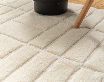 The Indoor Store - Hand Woven Wool Area Rug, Ivory/Off White, Geometric Shaggy