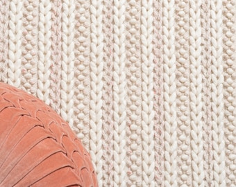 Hand Woven Wool Area Rug – Textured Cable Knit, Pink & Ivory