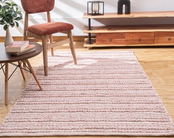 The Indoor Store - Hand Woven Wool Area Rug, Textured Pink, Cable Knit Dhurrie