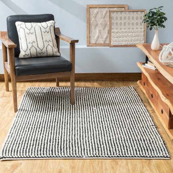 The Indoor Store - Hand Woven Wool Area Rug, Black & Off-White, Looped Dhurrie