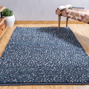 The Indoor Store - Hand-Woven Chunky Wool Area Rug, Textured Blue, Loops Runner