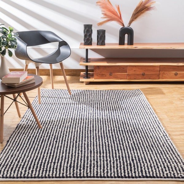 The Indoor Store - Hand Woven Chunky Wool Area Rug, Midnight Blue & Ivory/Off-White