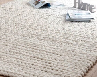 The Indoor Store - Hand Knitted Chunky Wool Area Rug, Ivory/Off White, Runner