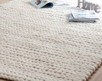 The Indoor Store - Hand-Knitted Chunky Wool Indoor Area Rug, Ivory/Off White, Runner