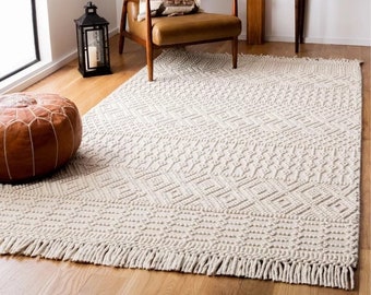 The Indoor Store - Hand Woven Wool Area Rug, Geometric Dhurrie, Ivory / Off White