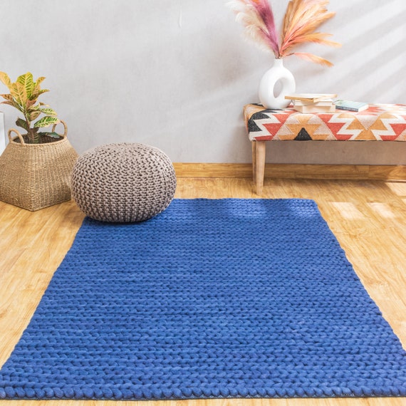 The Indoor Store Hand Knitted Chunky Wool Area Rug, Blue, Runner 