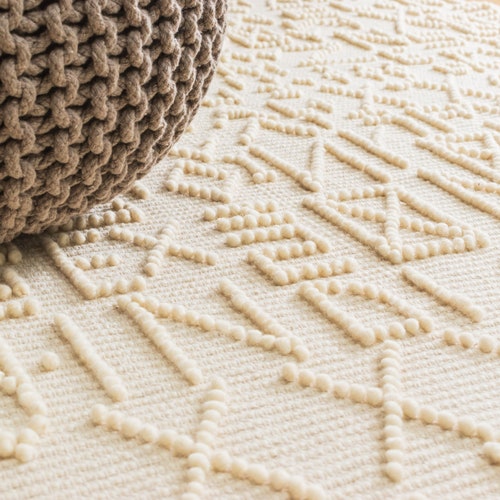 The Indoor Store - Hand Woven Wool shops Area Rug, Ivory/Off White, Looped Alphabets Dhurrie